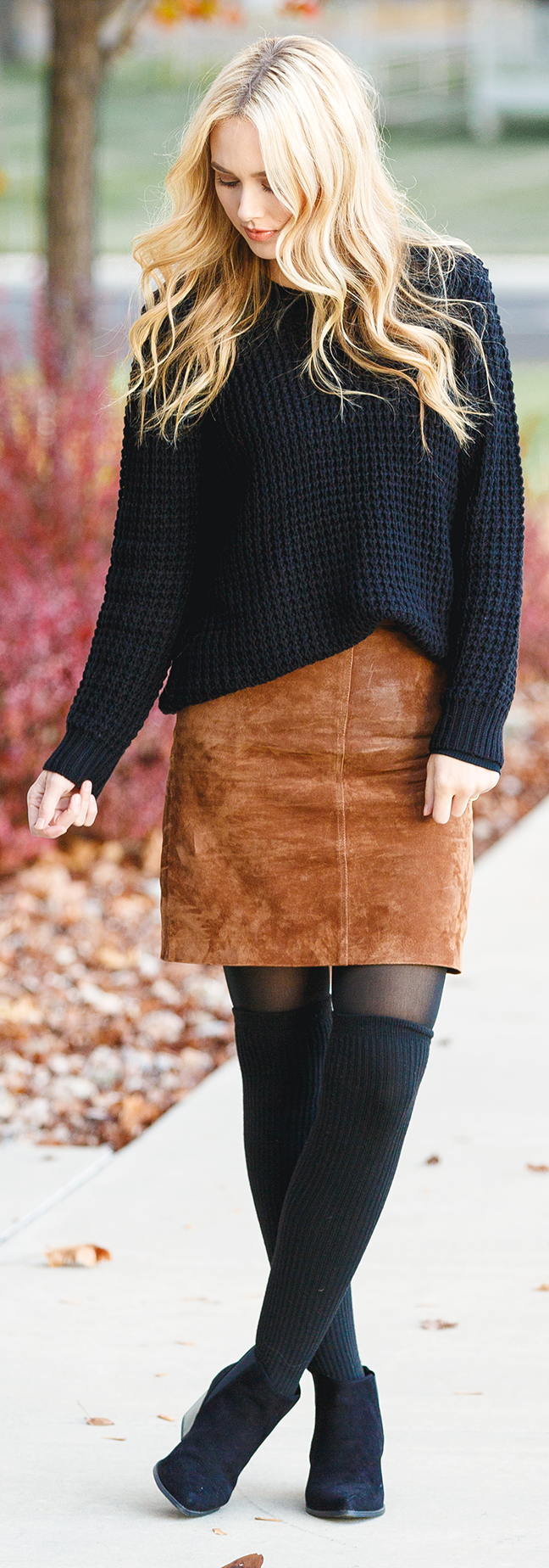5 Ways to Stay Sane During Holidays - Blue Eyed Finch - Black sweater, camel suede skirt, okt tights and black booties