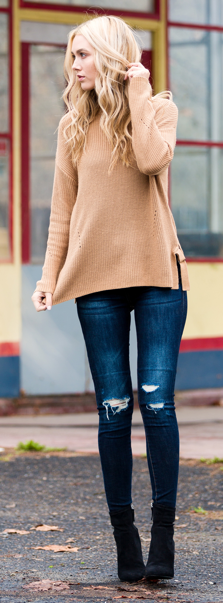 Camel sweater, Blue jeans and black boots - Sheridan Gregory, Blue Eyed Finch.