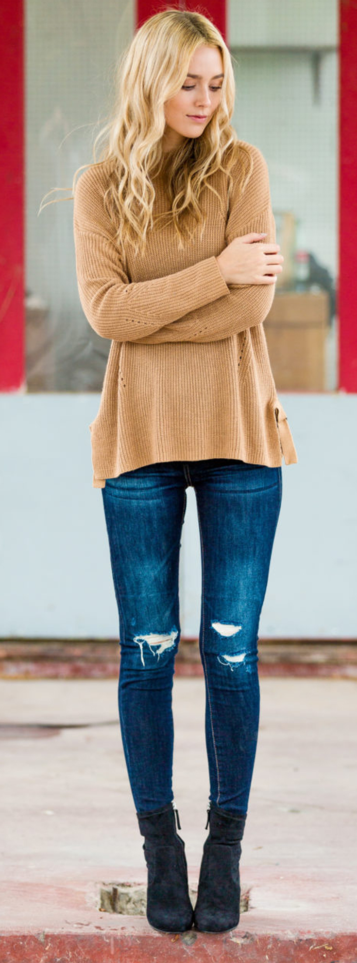 Camel sweater, Blue jeans and black boots - Sheridan Gregory, Blue Eyed Finch.