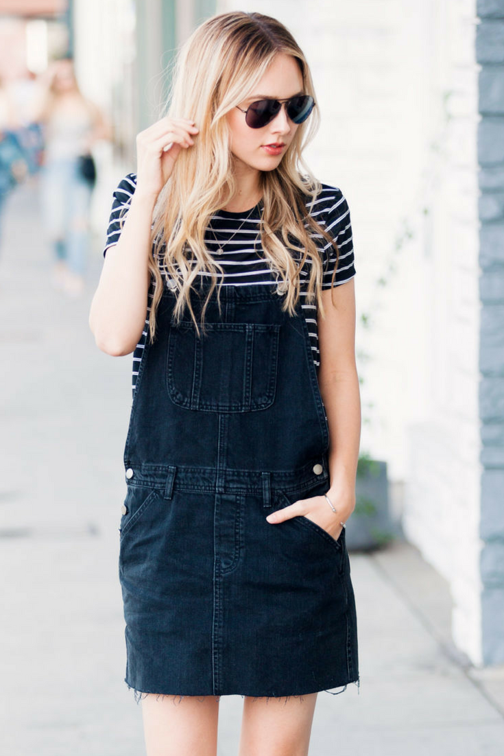 Sheridan Gregory Outfit of the day: ASOS denim overall dress in washed black, stripe crew neck t-shirt, ray ban aviator, asos darley clean lace up sneakers