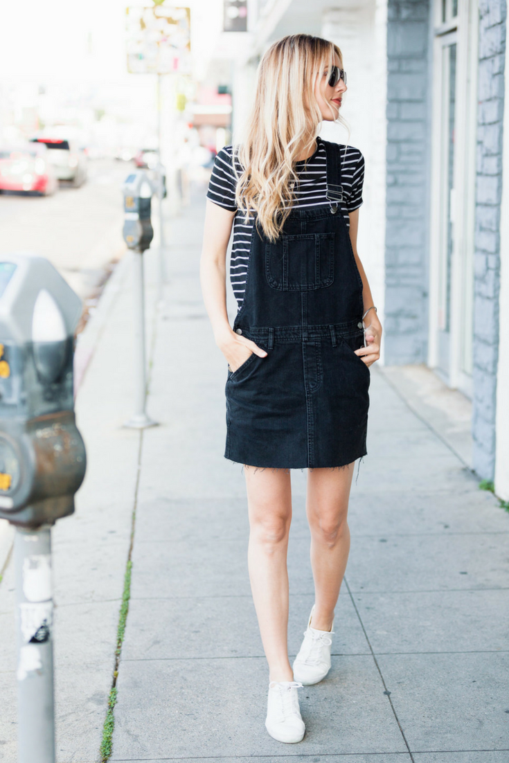 Sheridan Gregory Outfit of the day: ASOS denim overall dress in washed black, stripe crew neck t-shirt, ray ban aviator, asos darley clean lace up sneakers
